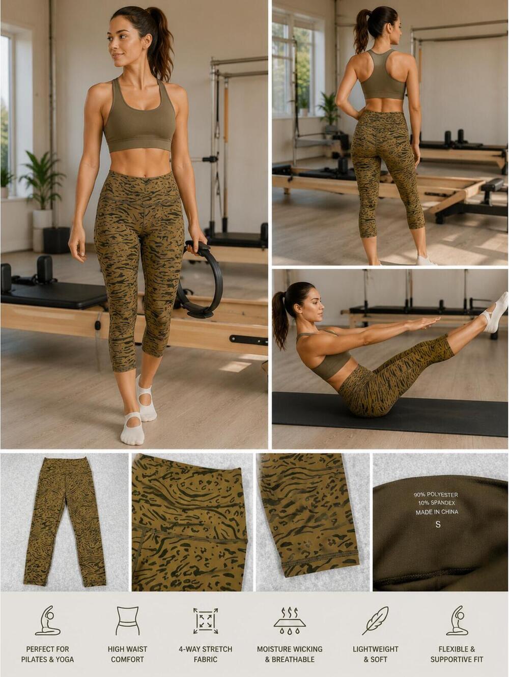 Athleta Transcend 7/8 Tight Leggings, Olive Green Animal Print, Size S